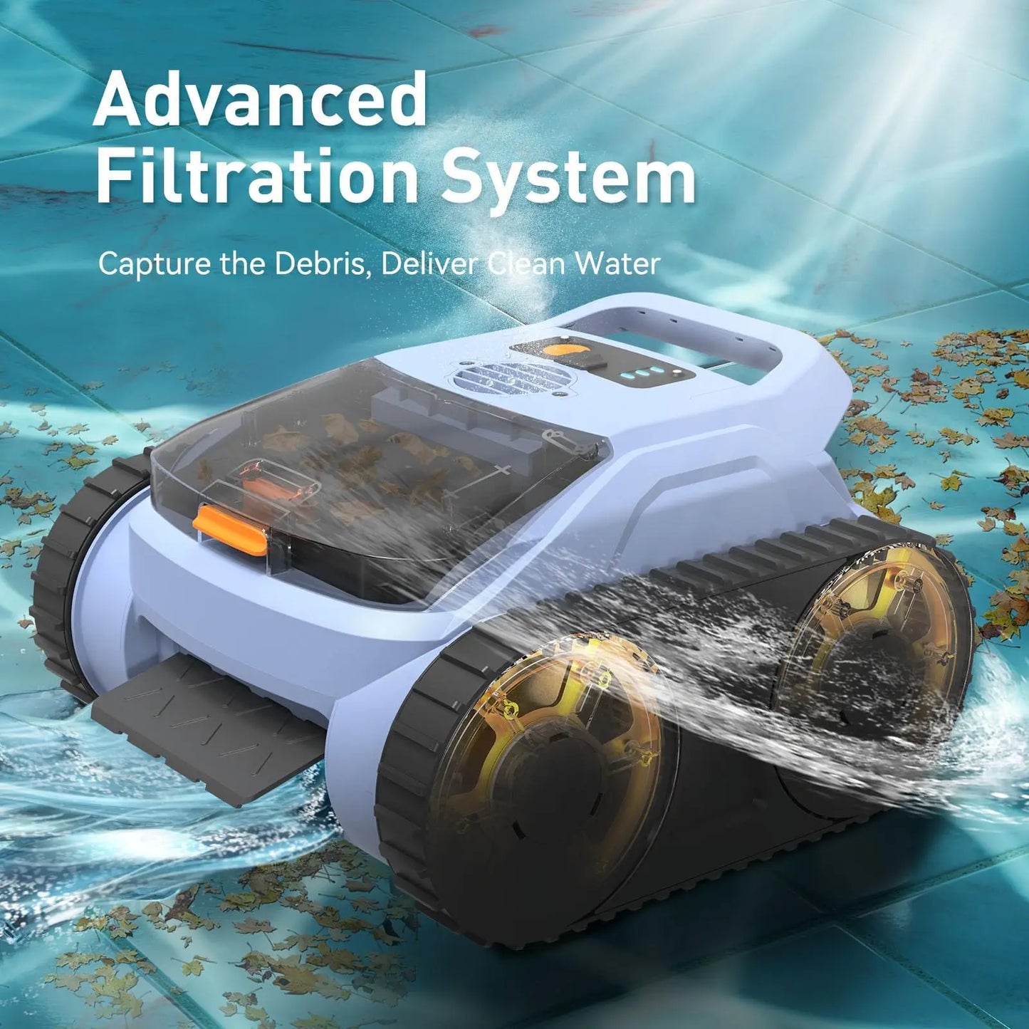 Robot nettoyeur de piscine sans fil Seauto SAT 20/ SAT 20PRO, équipé du système Trace Drive et de la navigation sonar. Autonomie de 180 minutes, capable de grimper sur les parois de la piscine.