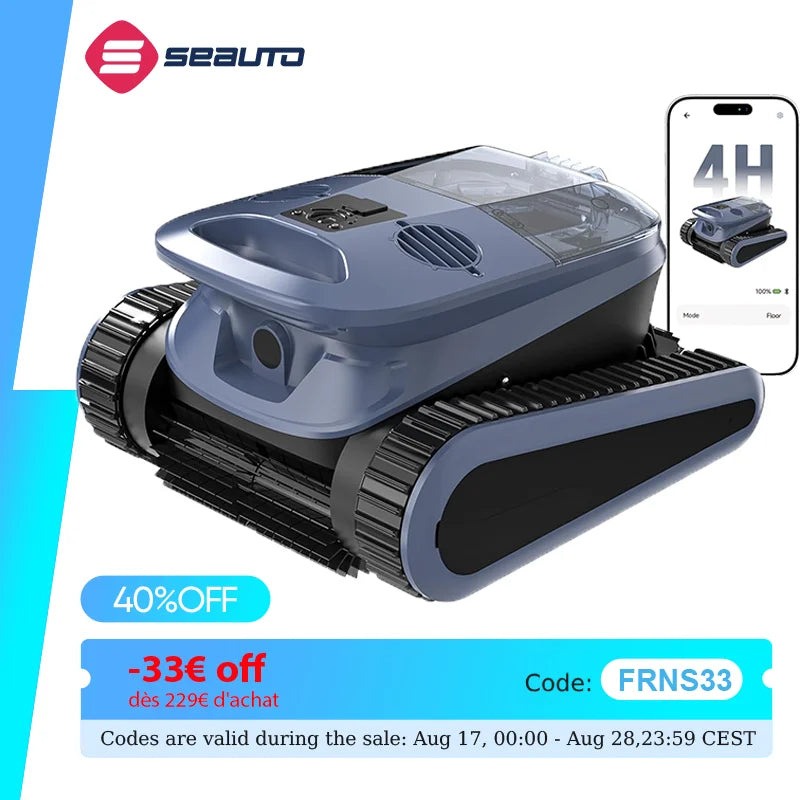 Nettoyeur de piscine robotisé Seauto SAT 40 Nouveauté 2026, nettoyage de la ligne d’eau, navigation sonar IA, autonomie de 240 minutes, adapté aux piscines jusqu’à 300 m²