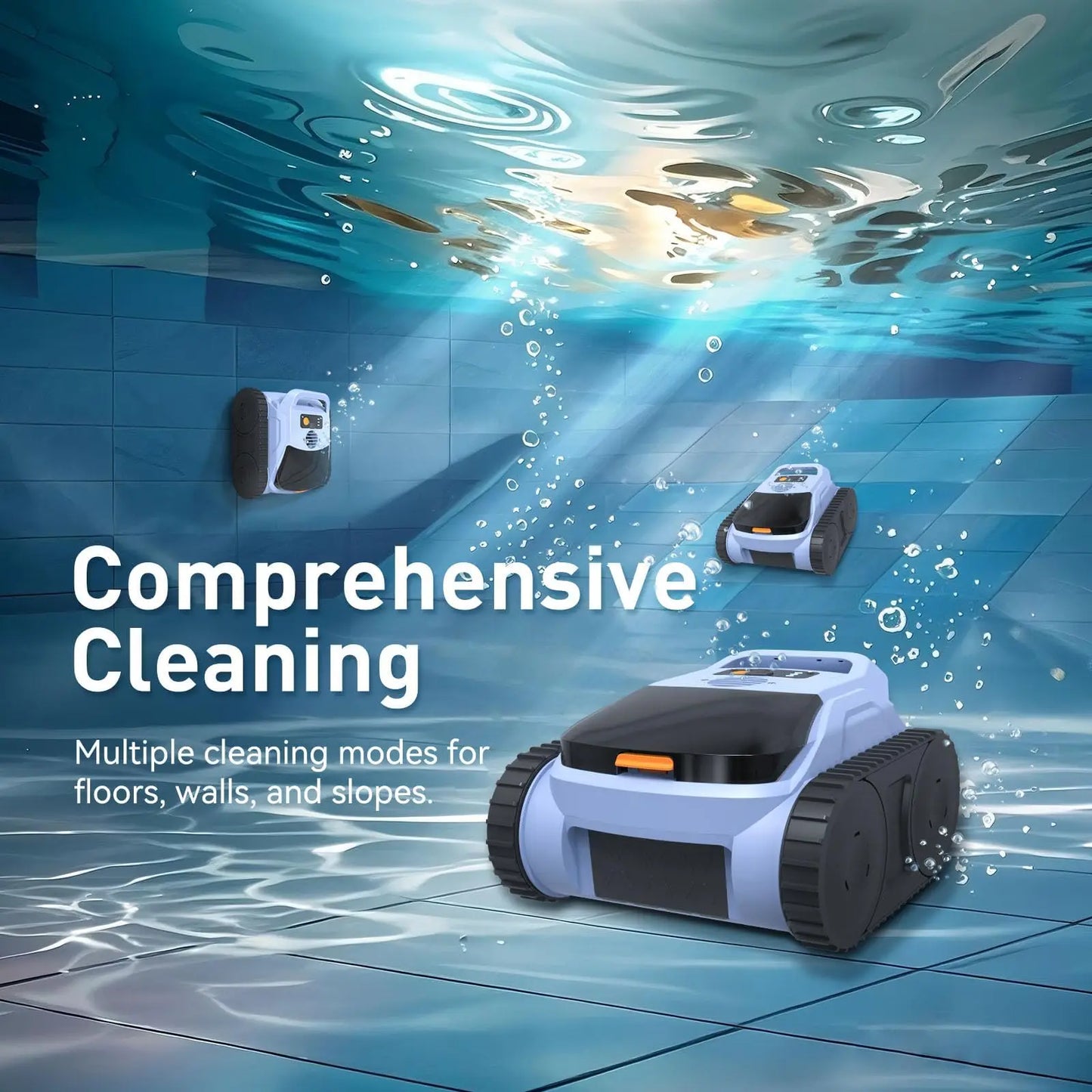Robot nettoyeur de piscine sans fil Seauto SAT 20/ SAT 20PRO, équipé du système Trace Drive et de la navigation sonar. Autonomie de 180 minutes, capable de grimper sur les parois de la piscine.
