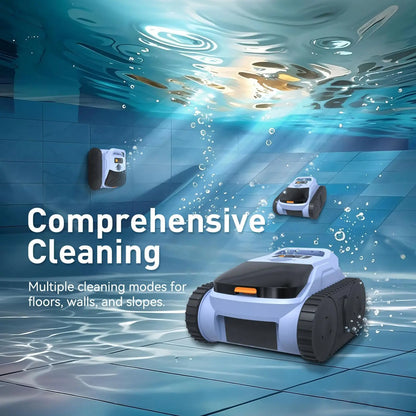 Robot nettoyeur de piscine sans fil Seauto SAT 20/ SAT 20PRO, équipé du système Trace Drive et de la navigation sonar. Autonomie de 180 minutes, capable de grimper sur les parois de la piscine.