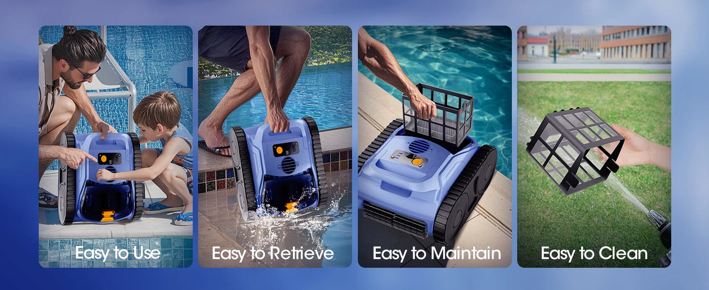 Robot nettoyeur de piscine sans fil Seauto SAT 20/ SAT 20PRO, équipé du système Trace Drive et de la navigation sonar. Autonomie de 180 minutes, capable de grimper sur les parois de la piscine.