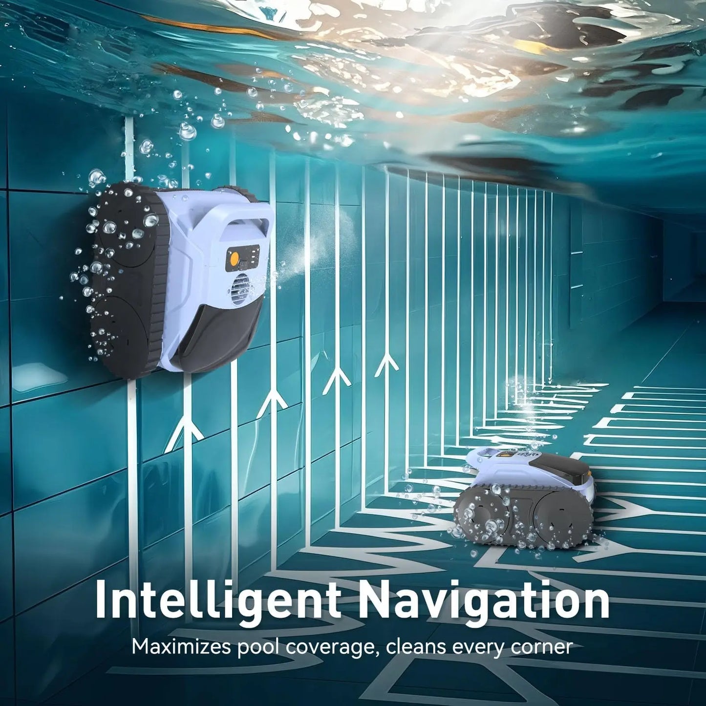 Robot nettoyeur de piscine sans fil Seauto SAT 20/ SAT 20PRO, équipé du système Trace Drive et de la navigation sonar. Autonomie de 180 minutes, capable de grimper sur les parois de la piscine.