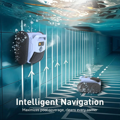 Robot nettoyeur de piscine sans fil Seauto SAT 20/ SAT 20PRO, équipé du système Trace Drive et de la navigation sonar. Autonomie de 180 minutes, capable de grimper sur les parois de la piscine.