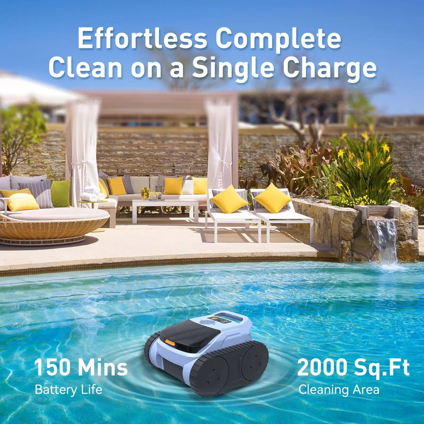 Robot nettoyeur de piscine sans fil Seauto SAT 20/ SAT 20PRO, équipé du système Trace Drive et de la navigation sonar. Autonomie de 180 minutes, capable de grimper sur les parois de la piscine.