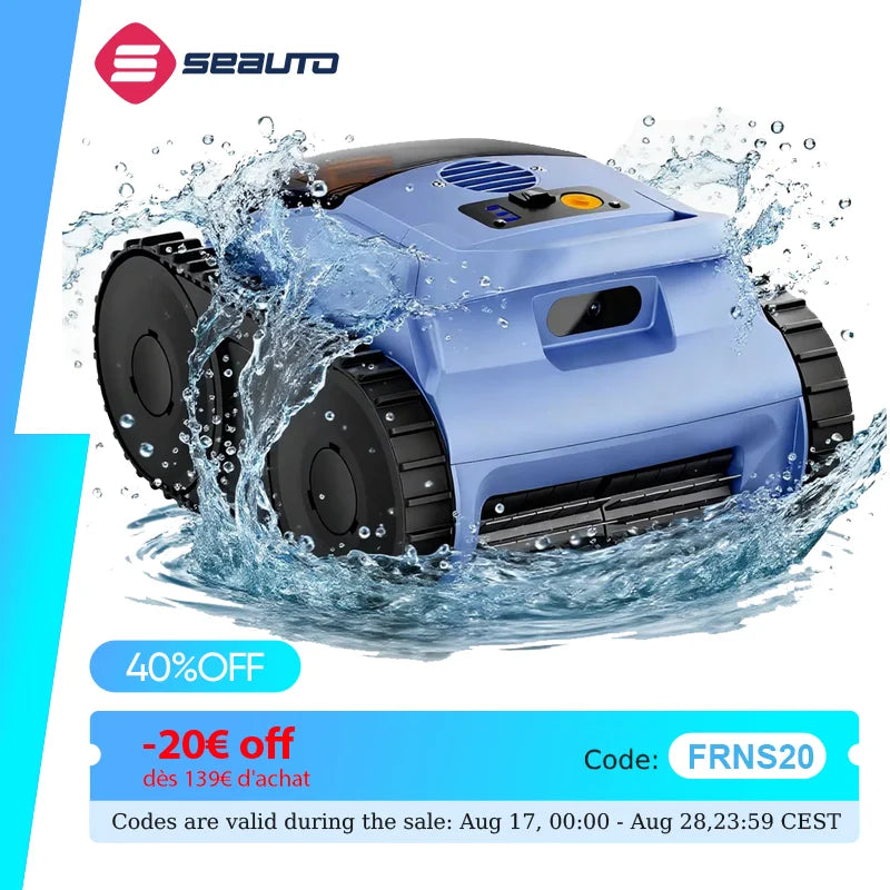 Robot nettoyeur de piscine sans fil Seauto SAT 20/ SAT 20PRO, équipé du système Trace Drive et de la navigation sonar. Autonomie de 180 minutes, capable de grimper sur les parois de la piscine.
