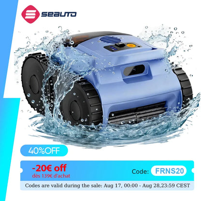 Robot nettoyeur de piscine sans fil Seauto SAT 20/ SAT 20PRO, équipé du système Trace Drive et de la navigation sonar. Autonomie de 180 minutes, capable de grimper sur les parois de la piscine.