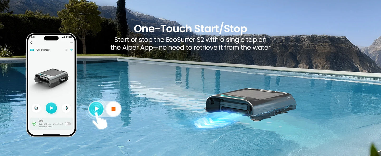 Robot nettoyeur de piscine solaire EcoSurfer S2, nettoyage de surface 24h/24 et 7j/7, filtre 150 µm, robot de piscine à batterie avec contrôle par application, mises à jour OTA, détection intelligente des obstacles, Aipe