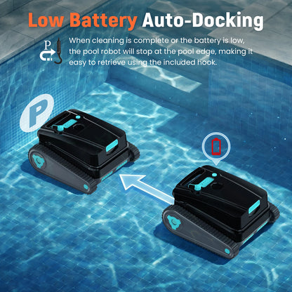 Robot nettoyeur de piscine Vastorm H2, autonomie de 120 minutes, zone de nettoyage de 200 m², fonction d'auto-accueil, nettoyage puissant sans fil des sols, des murs et des lignes d'eau, avec filtre de 4 L