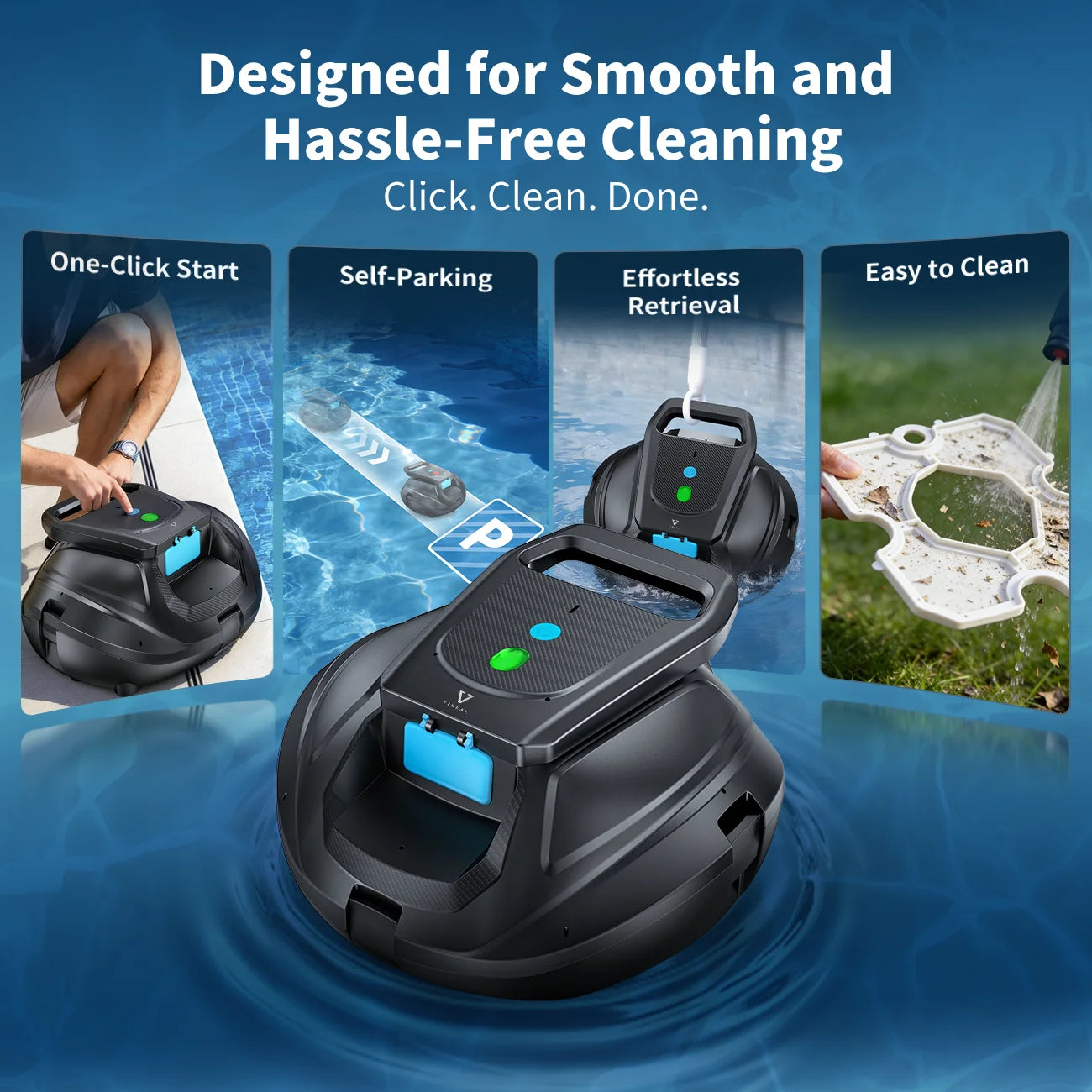 Nettoyeur de piscine robotisé VIREAL SP1, autonomie de 130 minutes, démarrage en un clic, stationnement automatique, idéal pour les piscines hors-sol et enterrées à fond plat, couvre jusqu'à 80 m²