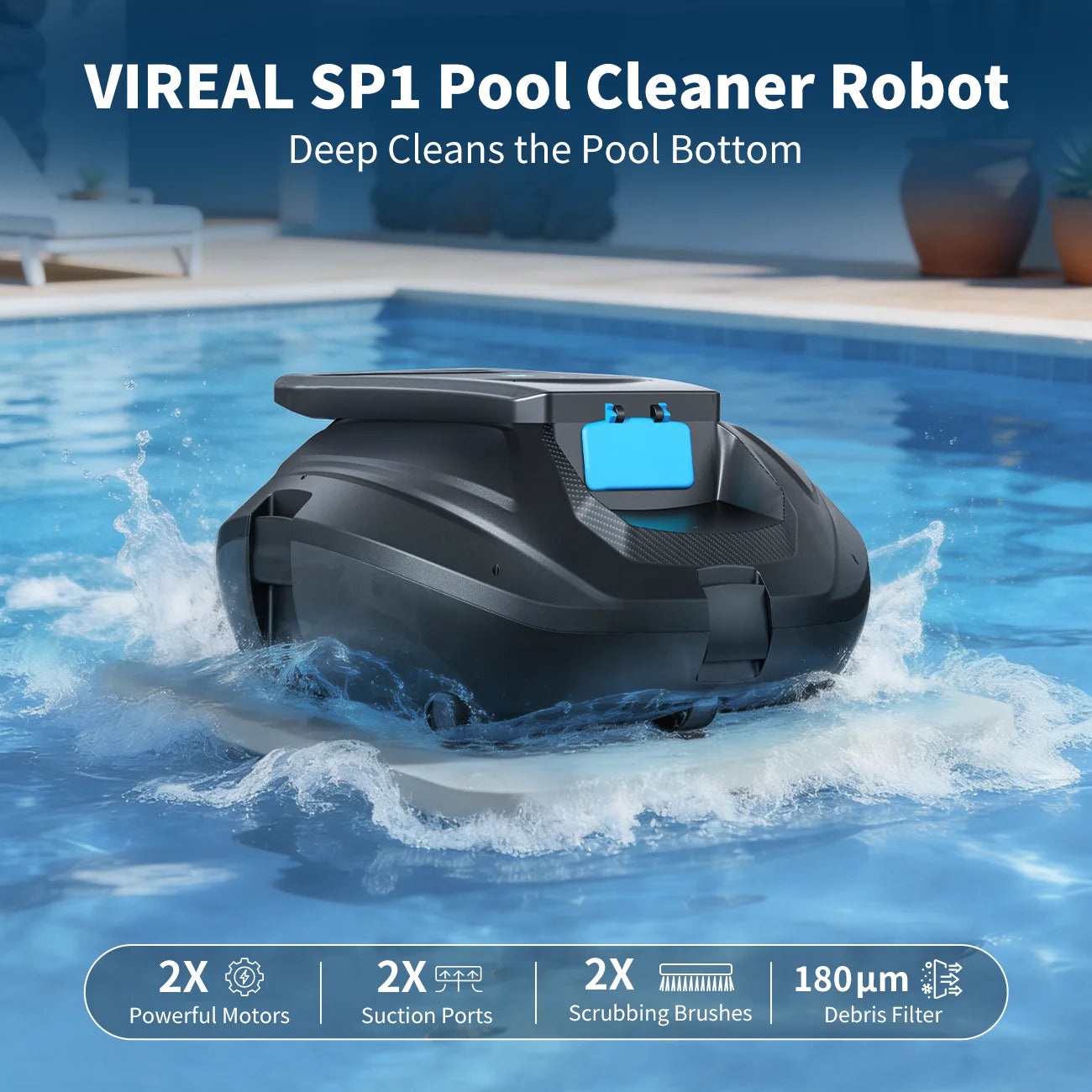 Nettoyeur de piscine robotisé VIREAL SP1, autonomie de 130 minutes, démarrage en un clic, stationnement automatique, idéal pour les piscines hors-sol et enterrées à fond plat, couvre jusqu'à 80 m²