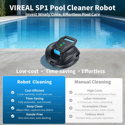 Nettoyeur de piscine robotisé VIREAL SP1, autonomie de 130 minutes, démarrage en un clic, stationnement automatique, idéal pour les piscines hors-sol et enterrées à fond plat, couvre jusqu'à 80 m²