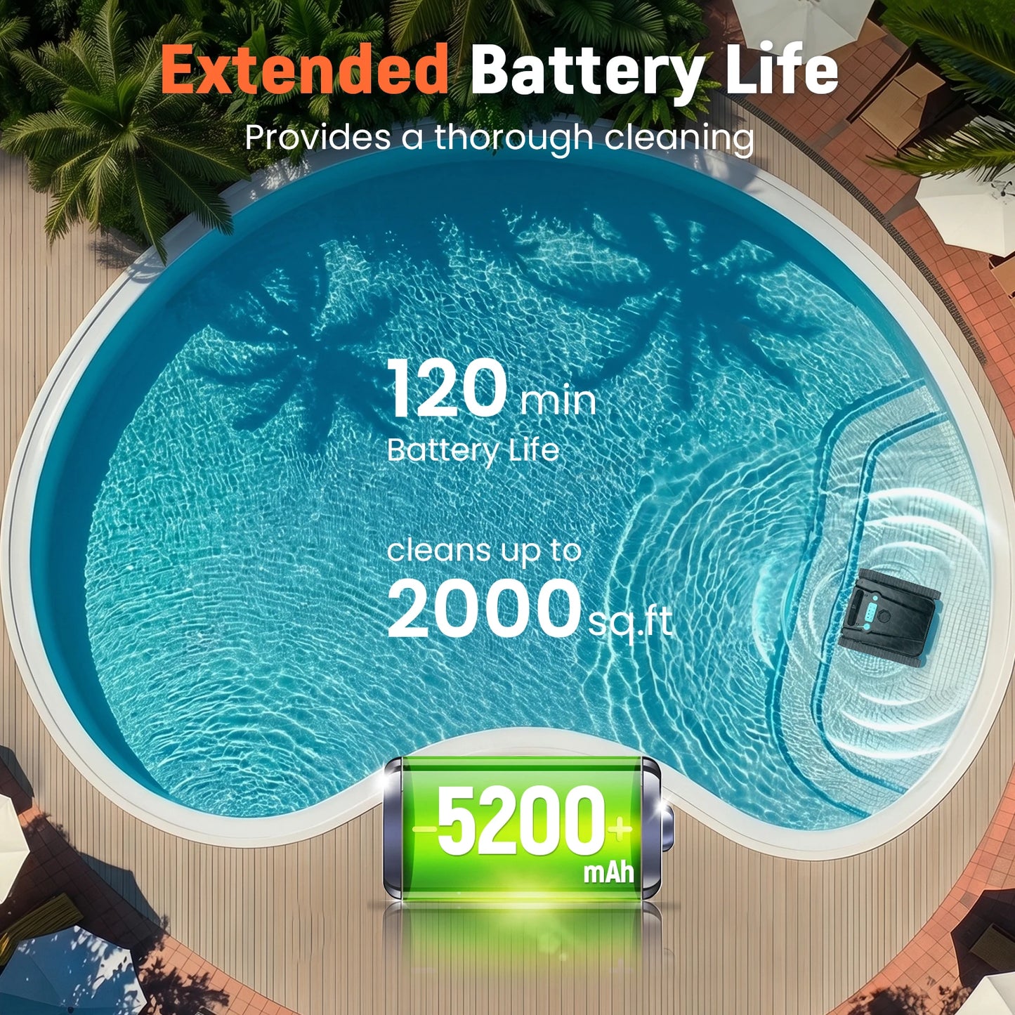 Robot nettoyeur de piscine Vastorm H2, autonomie de 120 minutes, zone de nettoyage de 200 m², fonction d'auto-accueil, nettoyage puissant sans fil des sols, des murs et des lignes d'eau, avec filtre de 4 L