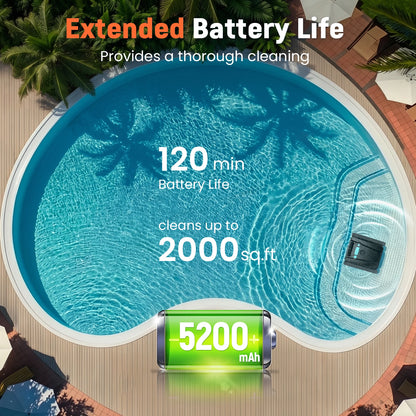 Robot nettoyeur de piscine Vastorm H2, autonomie de 120 minutes, zone de nettoyage de 200 m², fonction d'auto-accueil, nettoyage puissant sans fil des sols, des murs et des lignes d'eau, avec filtre de 4 L