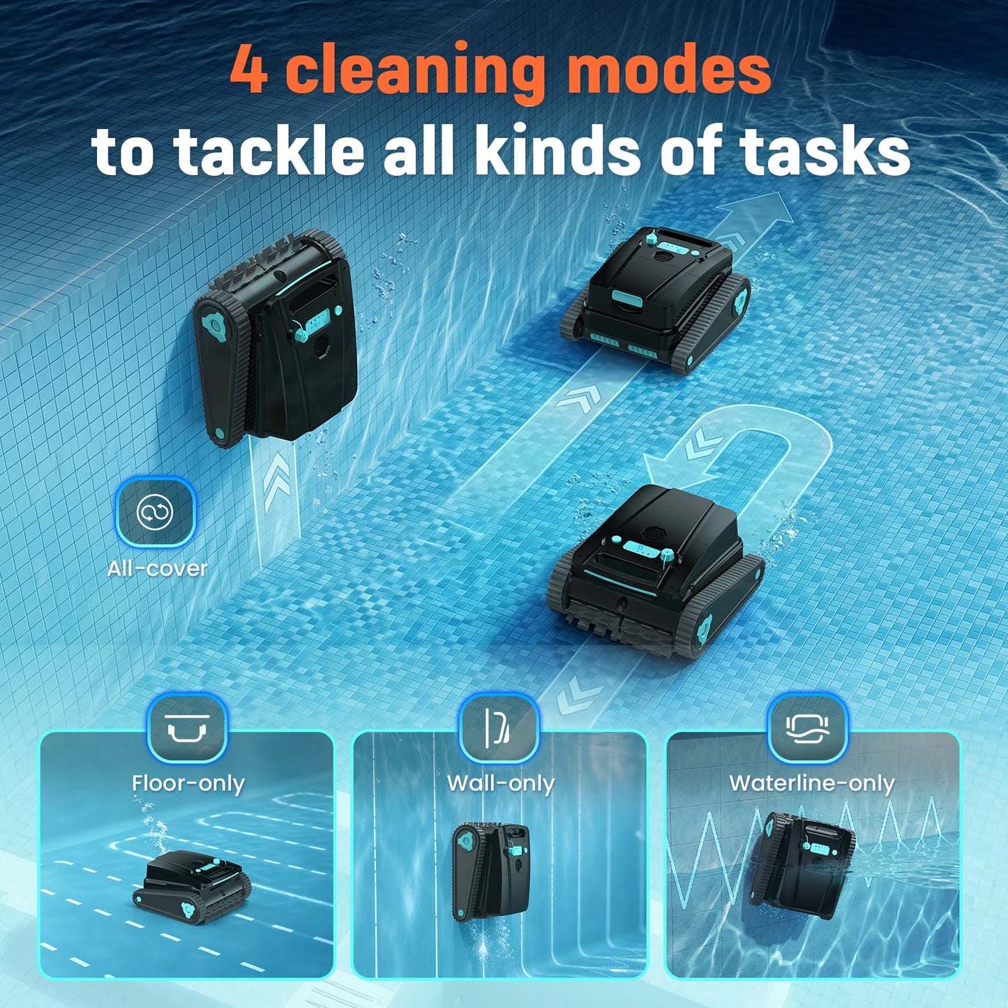 Robot nettoyeur de piscine Vastorm H2, autonomie de 120 minutes, zone de nettoyage de 200 m², fonction d'auto-accueil, nettoyage puissant sans fil des sols, des murs et des lignes d'eau, avec filtre de 4 L