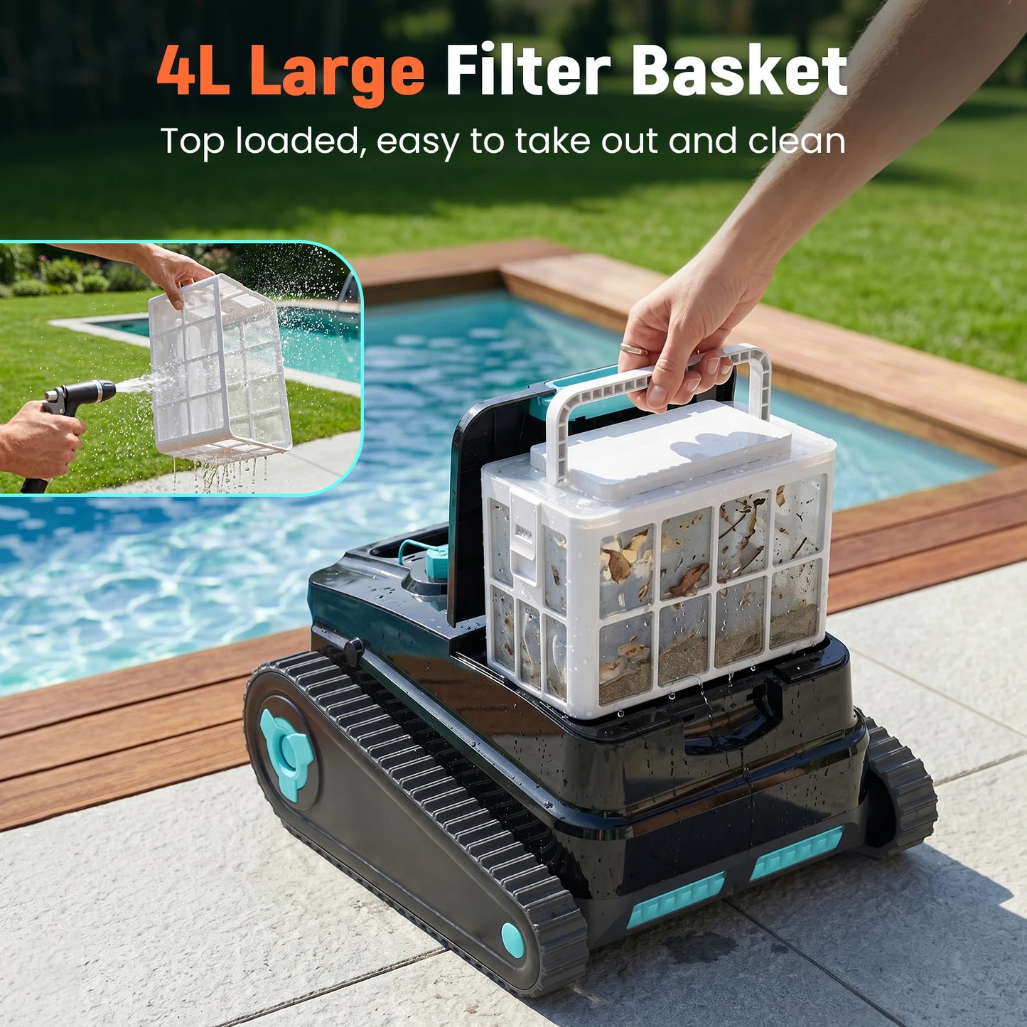 Robot nettoyeur de piscine Vastorm H2, autonomie de 120 minutes, zone de nettoyage de 200 m², fonction d'auto-accueil, nettoyage puissant sans fil des sols, des murs et des lignes d'eau, avec filtre de 4 L