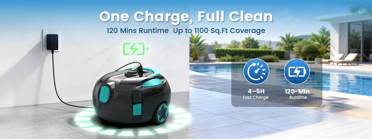 Nettoyeur de piscine robotisé sans fil H1, aspirateur automatique rechargeable, autonomie de 120 minutes, stationnement automatique, filtre de 180 μm pour le nettoyage du fond de piscine