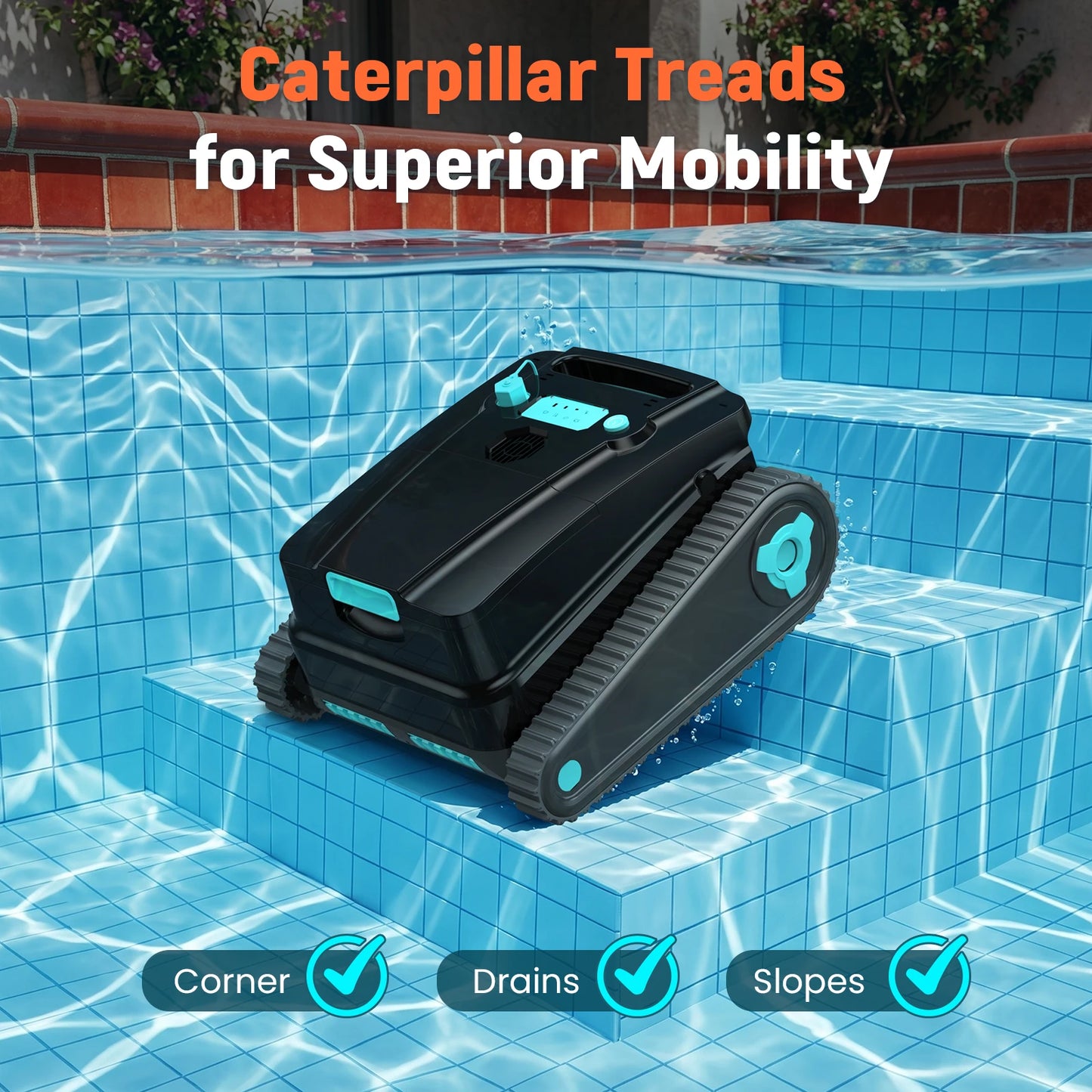 Robot nettoyeur de piscine Vastorm H2, autonomie de 120 minutes, zone de nettoyage de 200 m², fonction d'auto-accueil, nettoyage puissant sans fil des sols, des murs et des lignes d'eau, avec filtre de 4 L