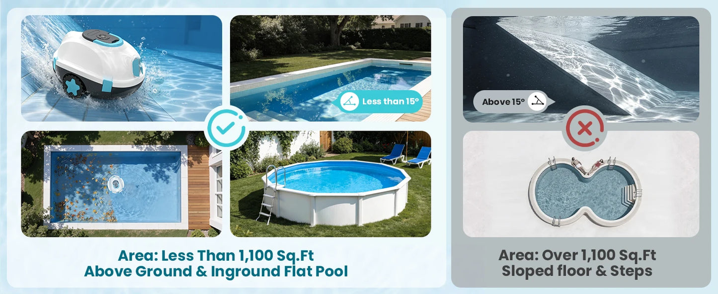 Nettoyeur de piscine robotisé sans fil H1, aspirateur automatique rechargeable, autonomie de 120 minutes, stationnement automatique, filtre de 180 μm pour le nettoyage du fond de piscine
