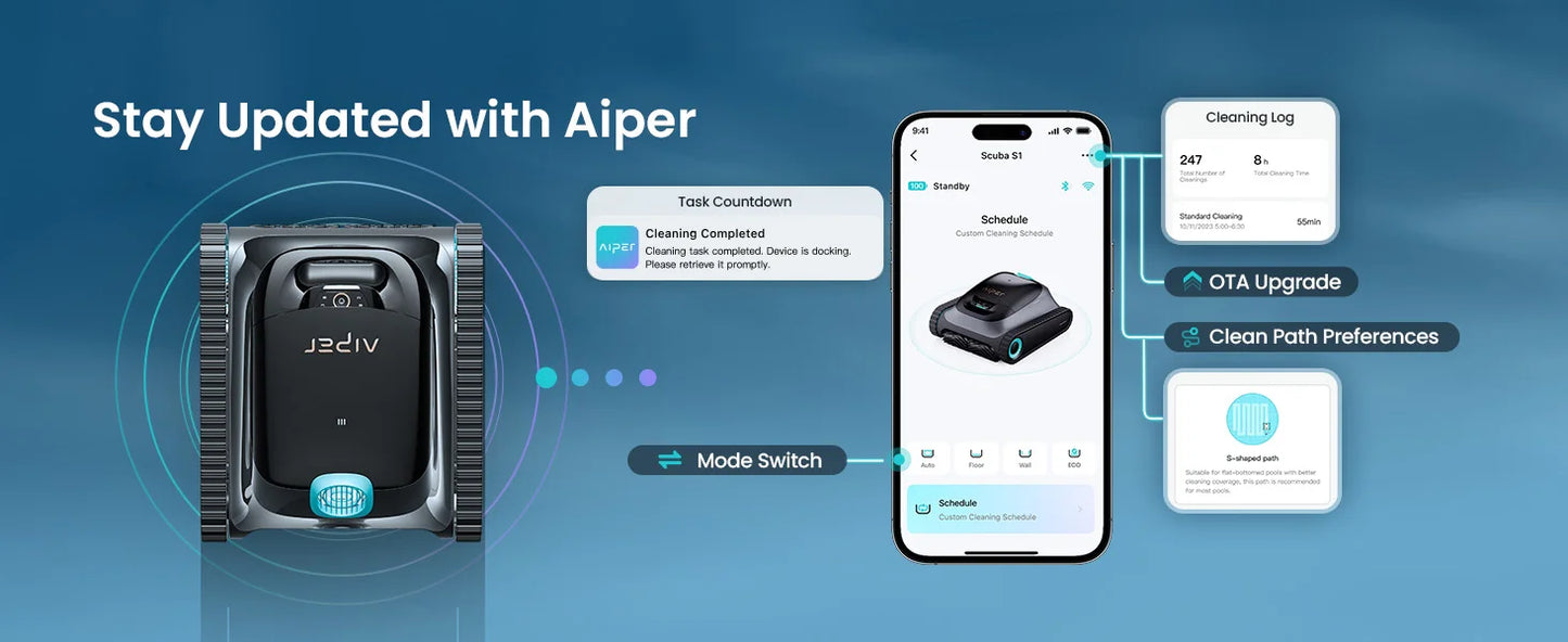 Robot nettoyeur de piscine Aiper Scuba S1 reconditionné 2026 – Nettoyage des murs et des lignes d'eau, autonomie de 270 minutes, prise en charge de l'application, mise à jour OTA