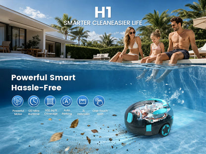 Nettoyeur de piscine robotisé sans fil H1, aspirateur automatique rechargeable, autonomie de 120 minutes, stationnement automatique, filtre de 180 μm pour le nettoyage du fond de piscine
