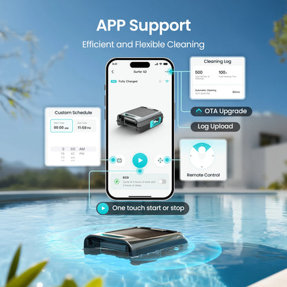 Robot nettoyeur de piscine solaire EcoSurfer S2, nettoyage de surface 24h/24 et 7j/7, filtre 150 µm, robot de piscine à batterie avec contrôle par application, mises à jour OTA, détection intelligente des obstacles, Aipe