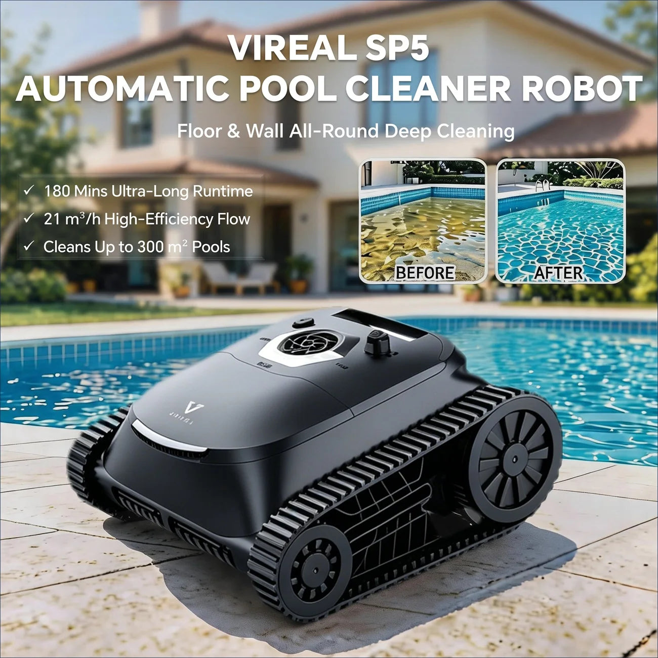 Nettoyeur de piscine robotisé sans fil SP5, autonomie de 180 minutes, nettoyage des fonds, des parois et de la ligne d'eau, 4 modes de nettoyage, retour intelligent