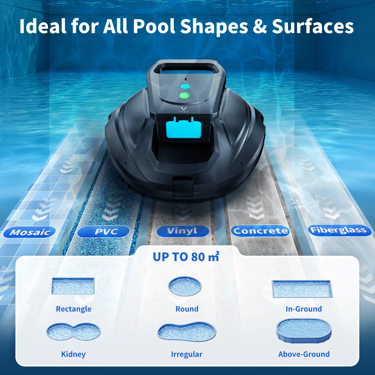 Nettoyeur de piscine robotisé VIREAL SP1, autonomie de 130 minutes, démarrage en un clic, stationnement automatique, idéal pour les piscines hors-sol et enterrées à fond plat, couvre jusqu'à 80 m²