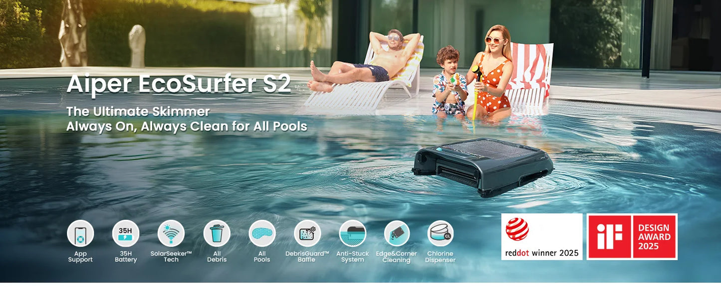 Robot nettoyeur de piscine solaire EcoSurfer S2, nettoyage de surface 24h/24 et 7j/7, filtre 150 µm, robot de piscine à batterie avec contrôle par application, mises à jour OTA, détection intelligente des obstacles, Aipe