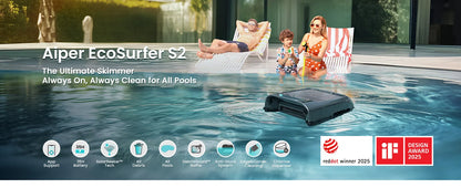 Robot nettoyeur de piscine solaire EcoSurfer S2, nettoyage de surface 24h/24 et 7j/7, filtre 150 µm, robot de piscine à batterie avec contrôle par application, mises à jour OTA, détection intelligente des obstacles, Aipe